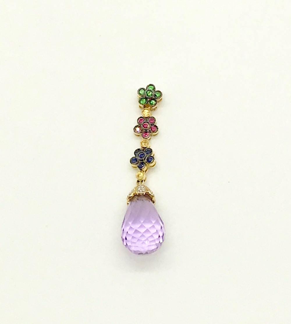 18K Gold Amethyst Briolette Pendant: Ruby, Sapphire, Garnet & Diamond Floral Estate Jewelry