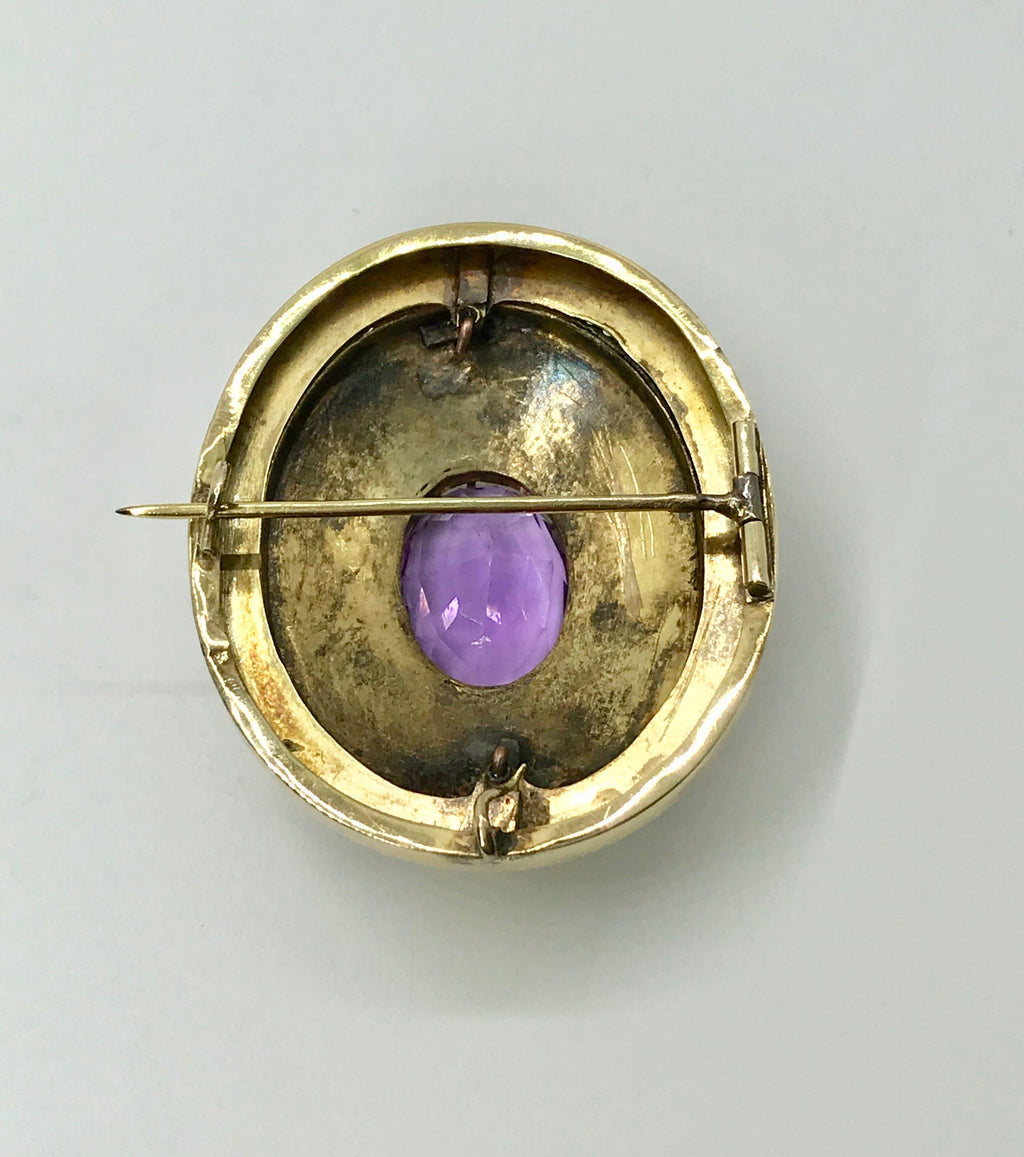Antique 14k Yellow Gold Amethyst Pearl Brooch: Satin Finish Pin
