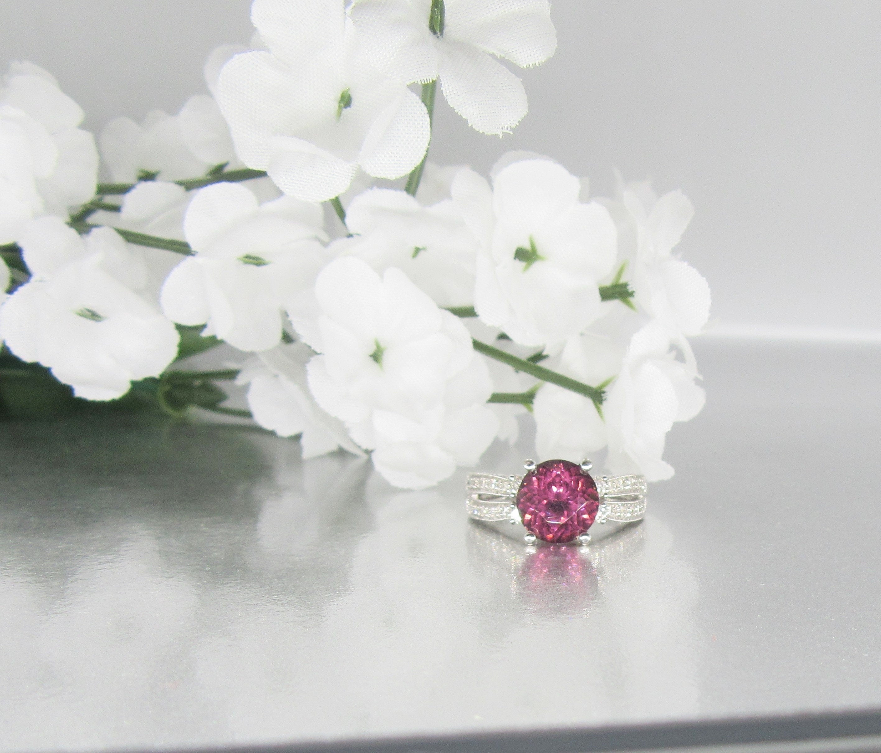 Vintage 14K White Gold Pink Tourmaline and Diamond Ring