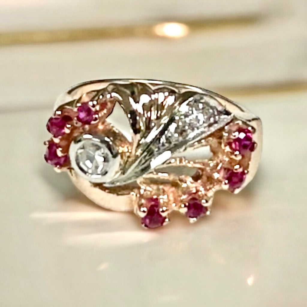 Vintage 14K Yellow-Pinkish Gold Ruby and Diamond Retro Ring - Cocktail Jewelry