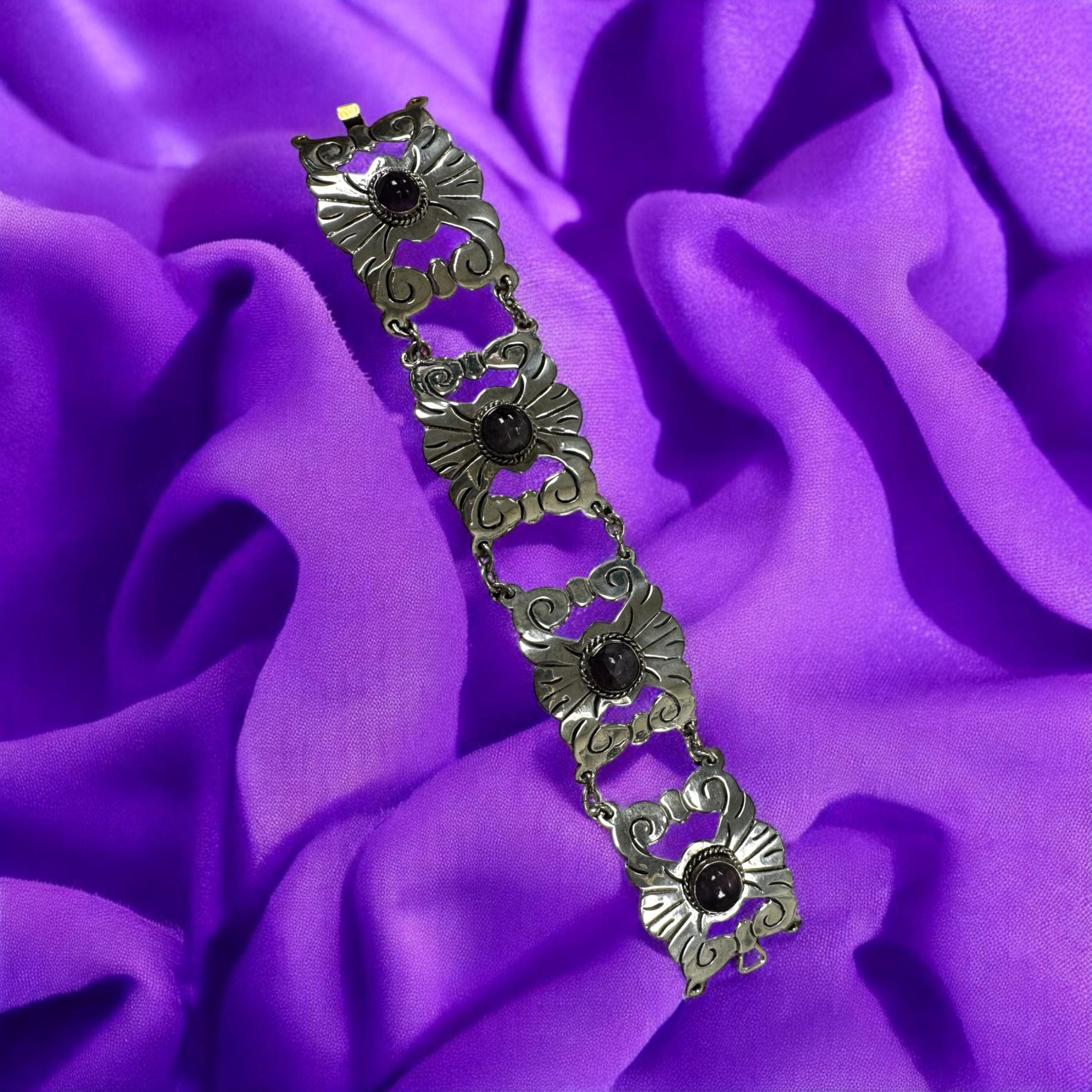 Vintage Mexican Silver Amethyst Link Bracelet: Geometric Scroll Design