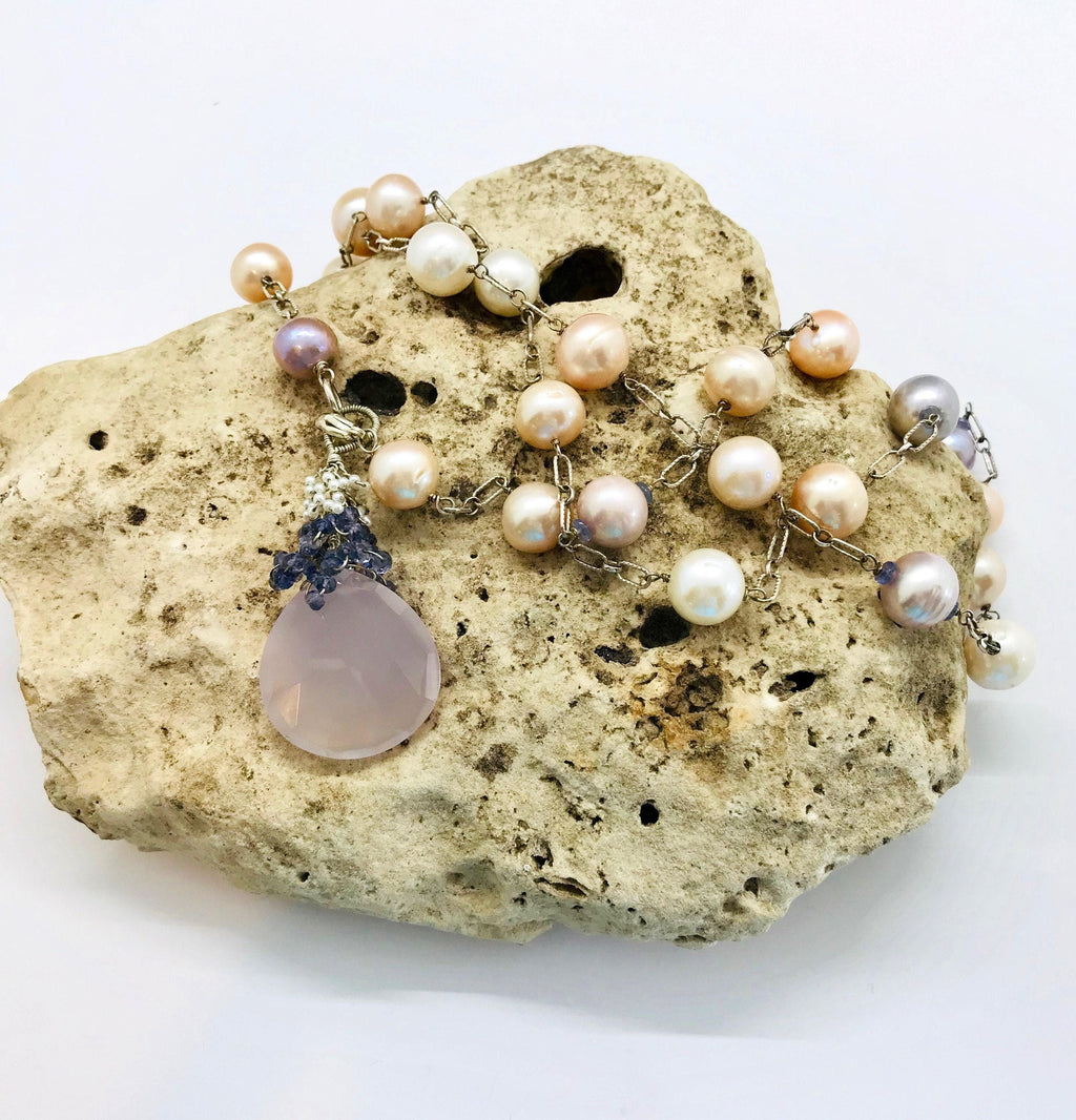 Sterling Silver Fresh Water Pearl Necklace with Rose Quartz Pendant