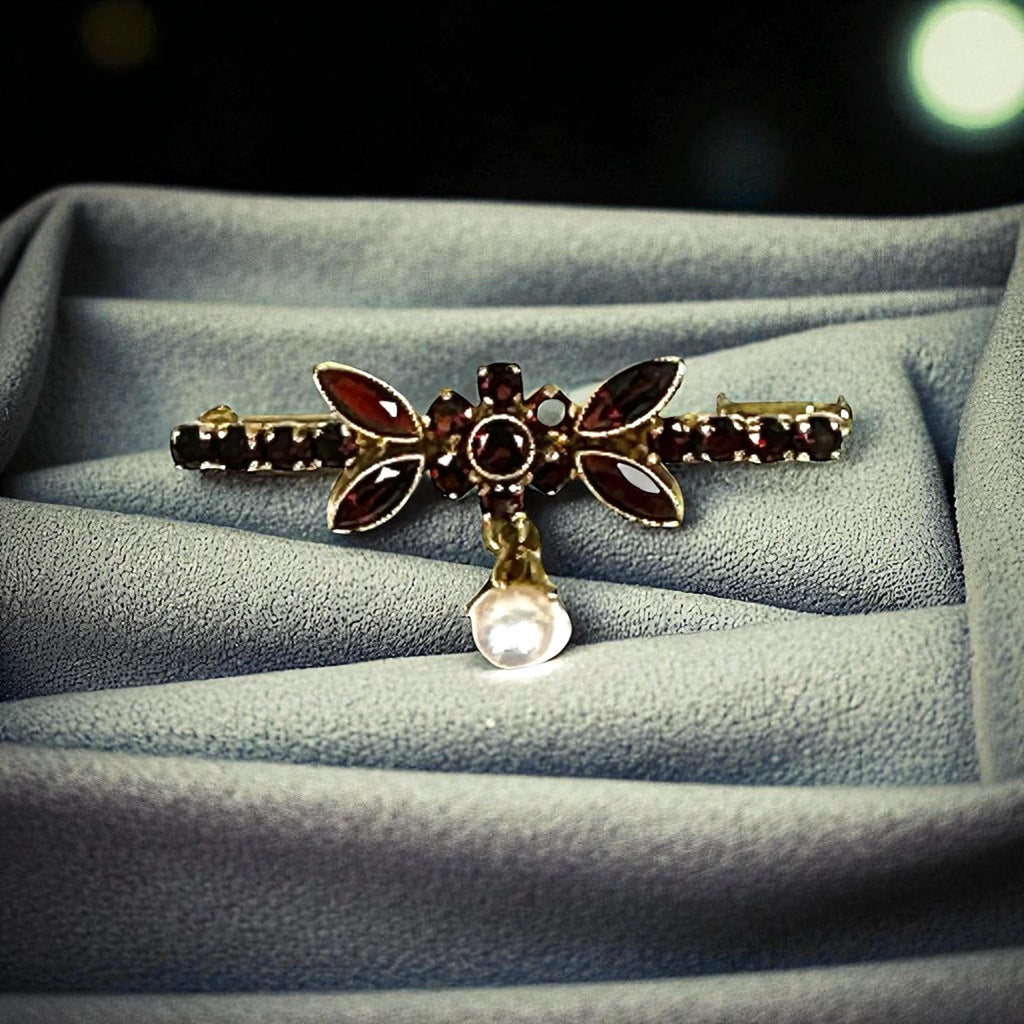 14K Yellow Gold Garnet Bar Pin with Cultured Pearl Drop in Floral Design
