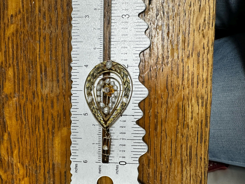 Elegant 14K Yellow & Green Gold Diamond Pearl Pendant, Antique Edwardian Jewelry