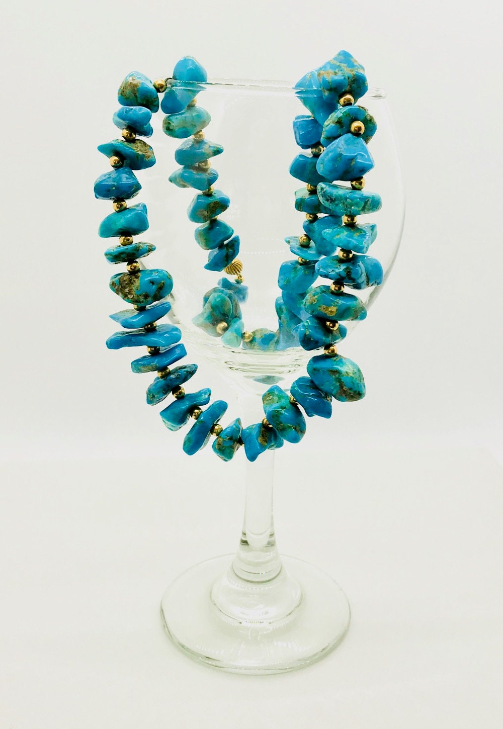 Chunky Turquoise Nugget Necklace: 14K Yellow Gold Beads, 20 Inch