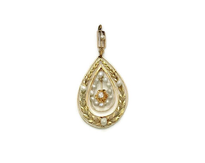 Elegant 14K Yellow & Green Gold Diamond Pearl Pendant, Antique Edwardian Jewelry
