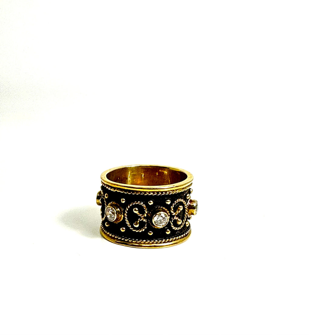 Hand Crafted Oxidized Sterling Silver Ring with Gold Plated Accents and Cubic Zirconia