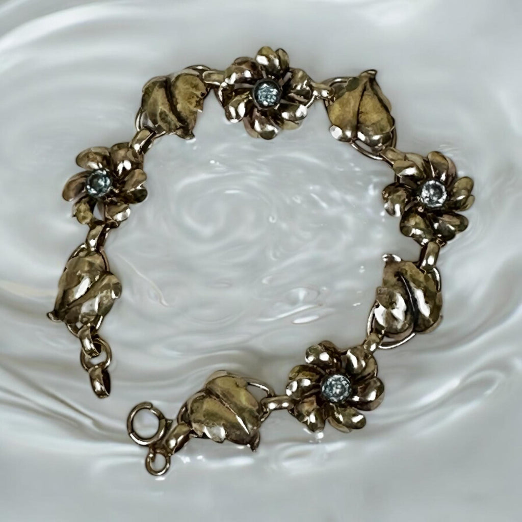 Nature Inspired Gold Filled Bracelet with Blue Glass Flower Detail