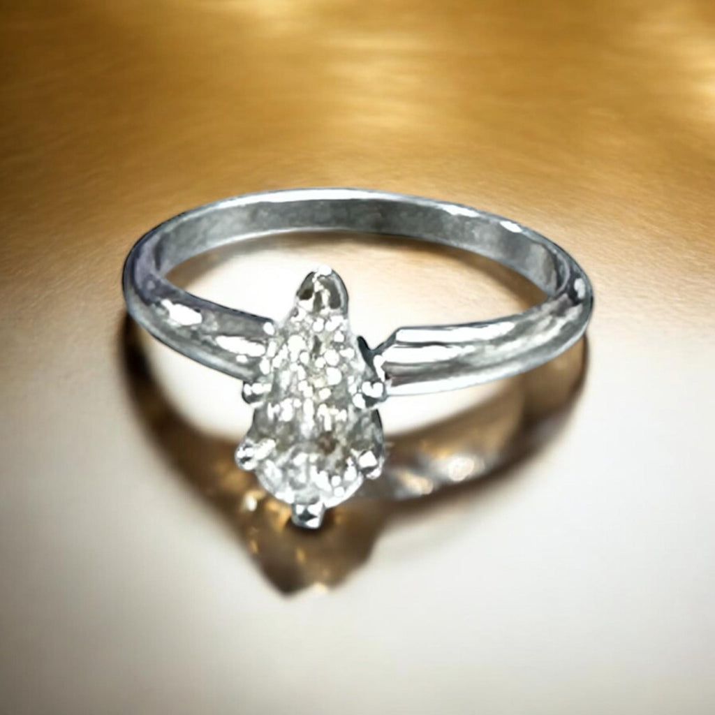 Diamond Engagement Ring-14 Karat White Gold Genuine Pear Shape Diamond-Estate Solitaire Style Ring