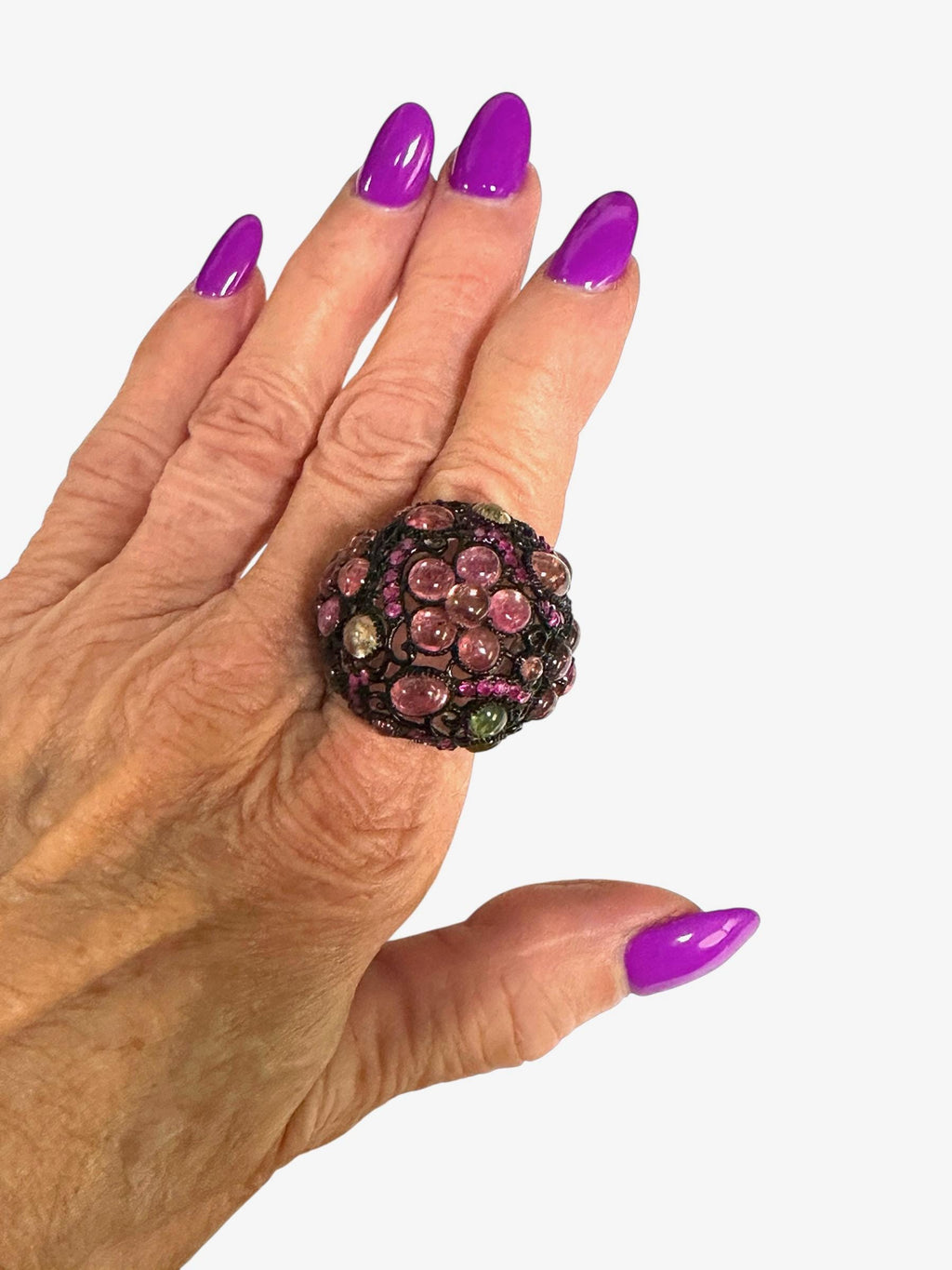 Oxidized Sterling Silver Dome Tourmaline and Ruby Ring, Cabochon Multi-Stone Design