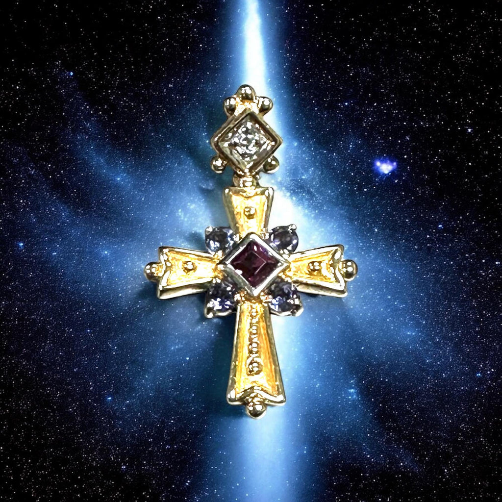 Vintage 14K Yellow Gold Cross Pendant: Pink Tourmaline, Tanzanite & Diamond