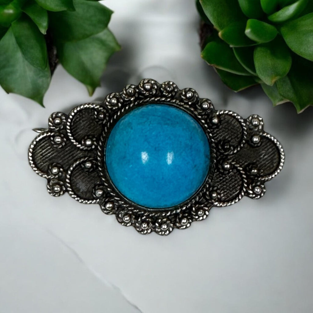 Unique Turquoise Statement Pin in Oxidized Silver