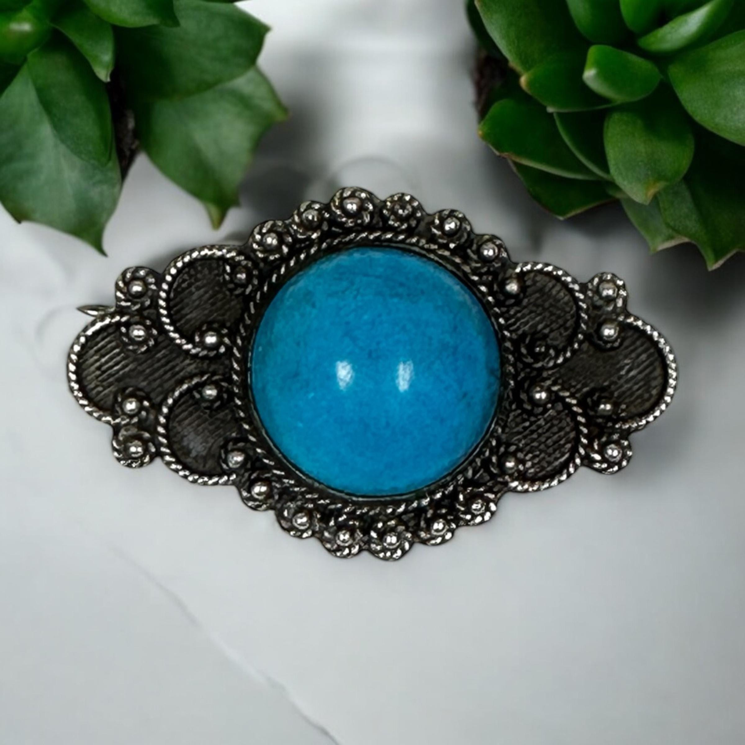 Unique Turquoise Statement Pin in Oxidized Silver