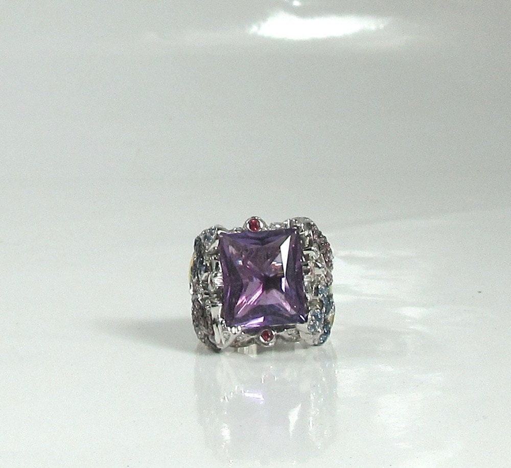 18K White Gold Amethyst Cocktail Ring: Sapphire, Ruby, Diamond Butterfly Flower Ring