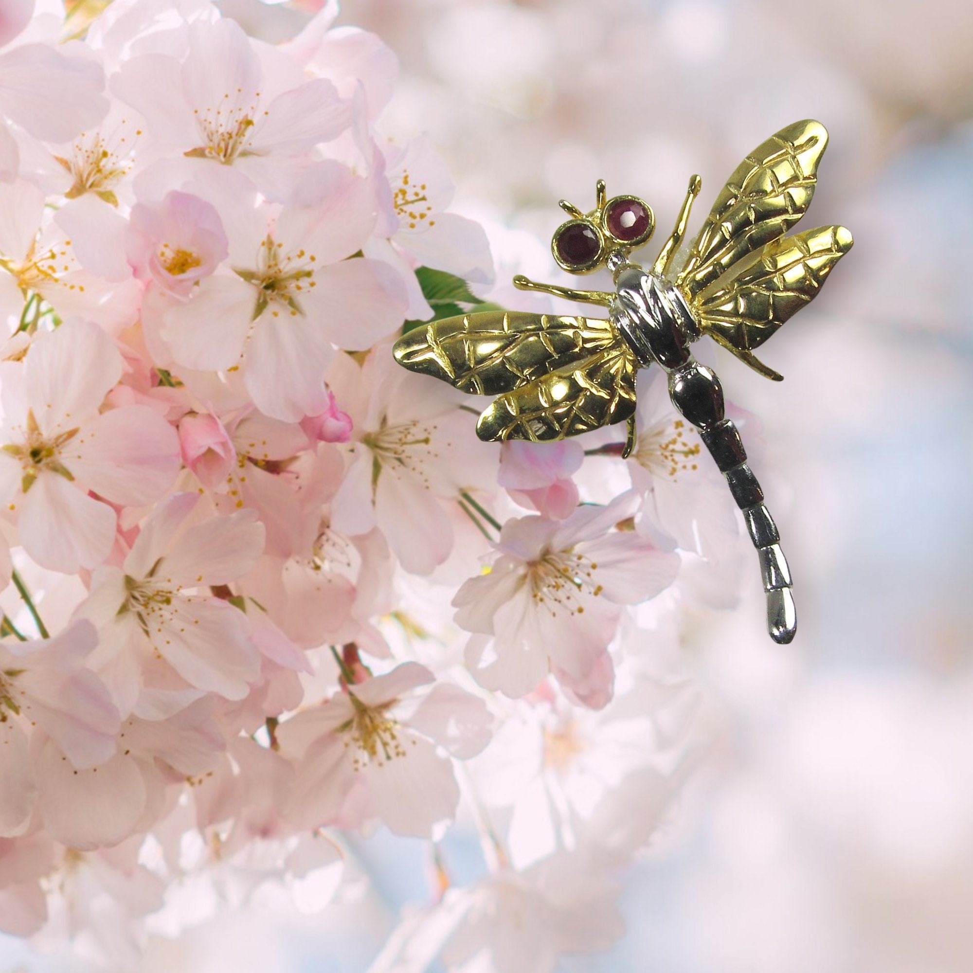 Vintage 14K Gold Dragonfly Brooch with Ruby Eyes