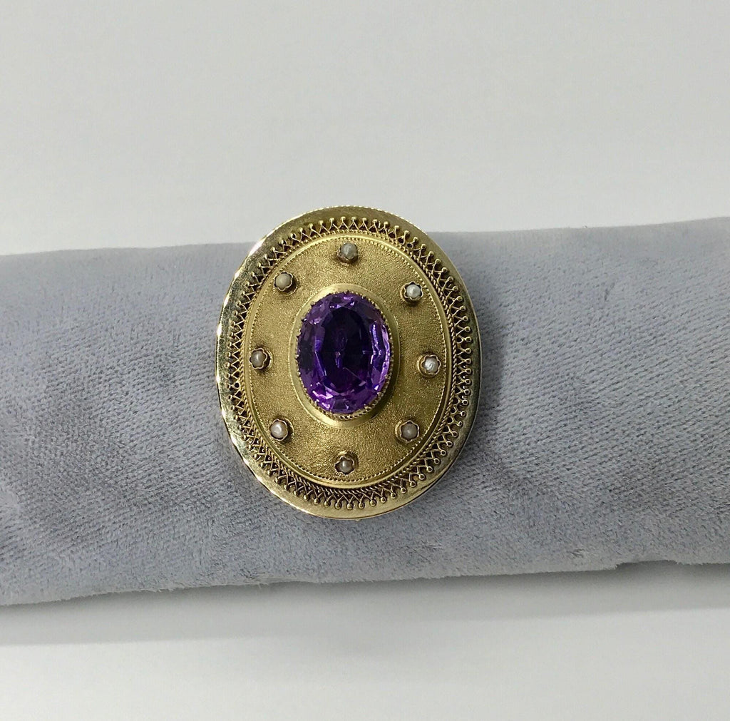 Antique 14k Yellow Gold Amethyst Pearl Brooch: Satin Finish Pin