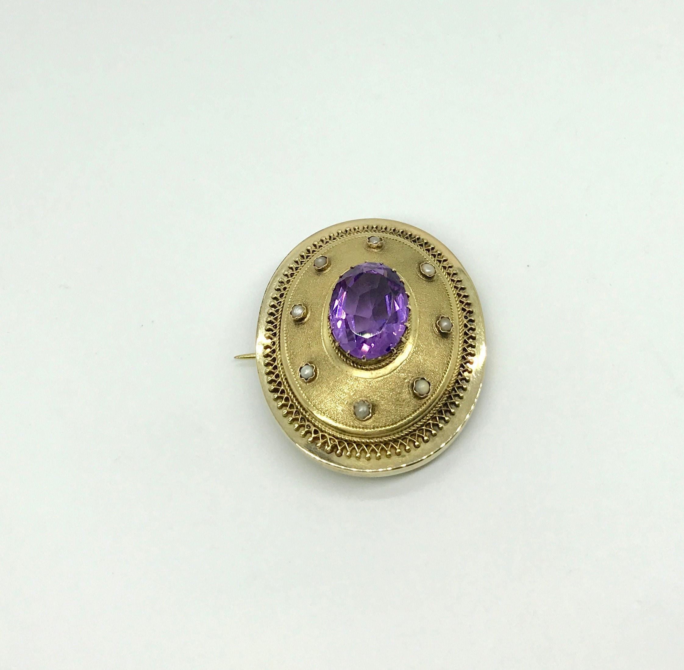 Antique 14k Yellow Gold Amethyst Pearl Brooch: Satin Finish Pin