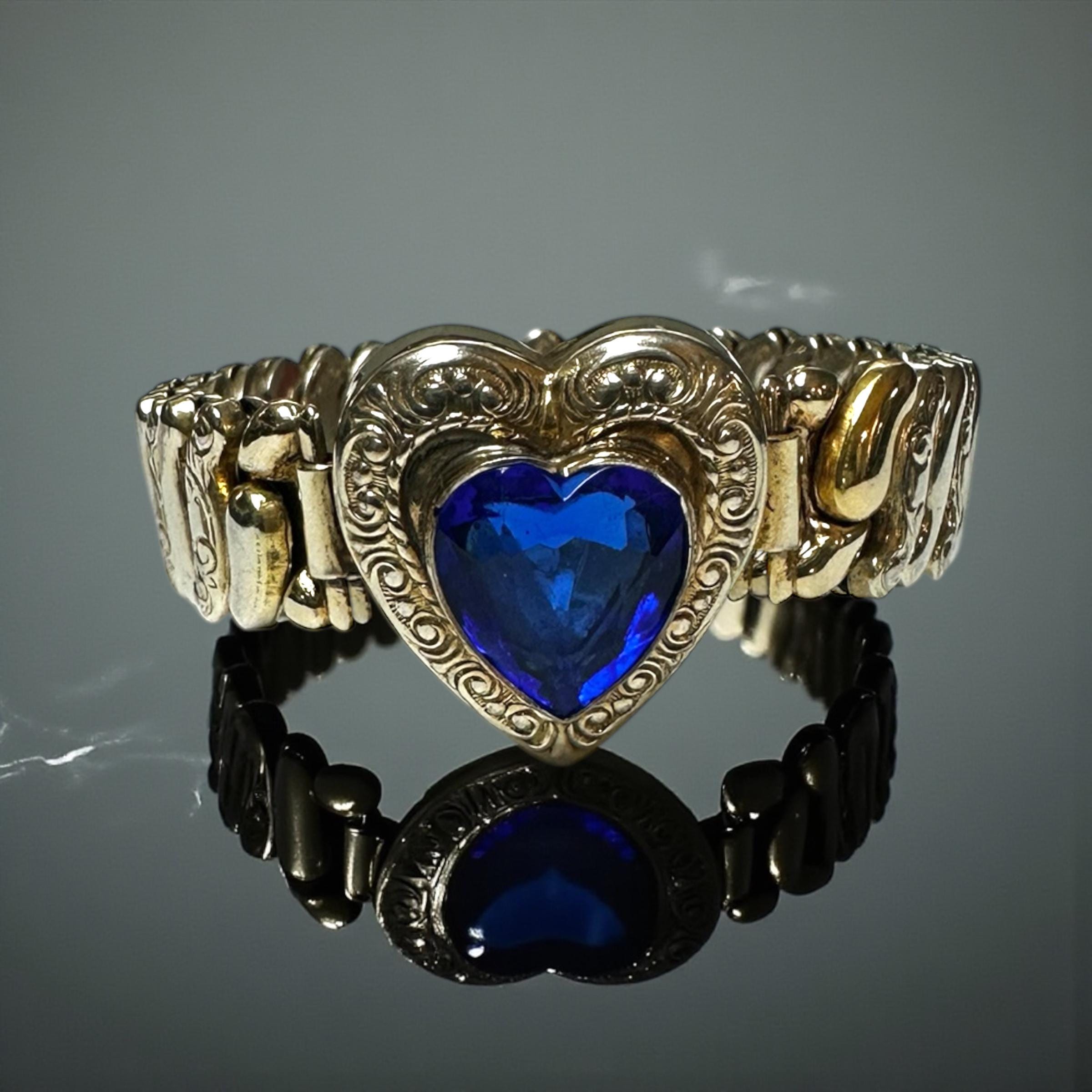 Antique Glass Heart Gold Sterling Silver Sweetheart Expansion Bracelet-1930s-40s