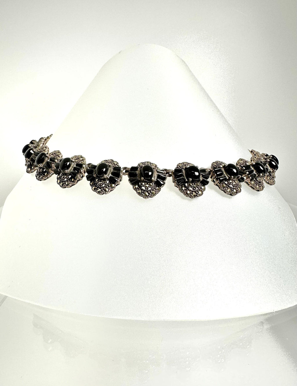 Vintage Sterling Silver Black Onyx Marcasite Link Necklace
