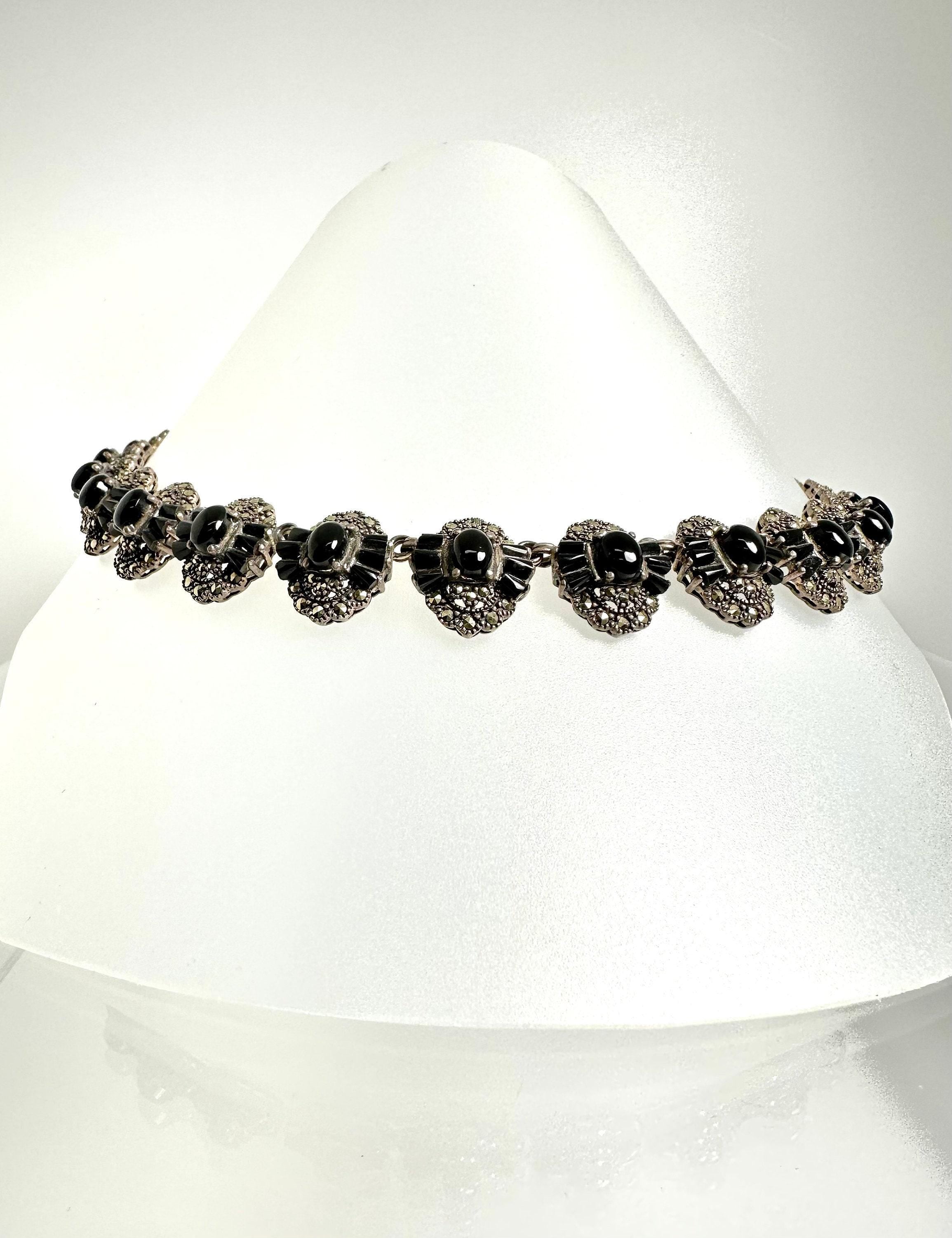 Vintage Sterling Silver Black Onyx Marcasite Link Necklace