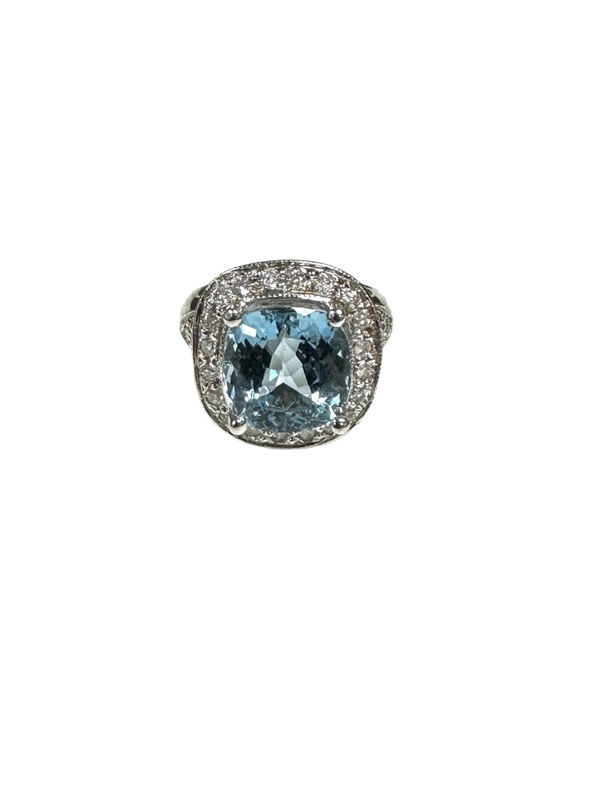 Vintage Aquamarine Diamond Halo Ring, 14k White Gold Cocktail Ring