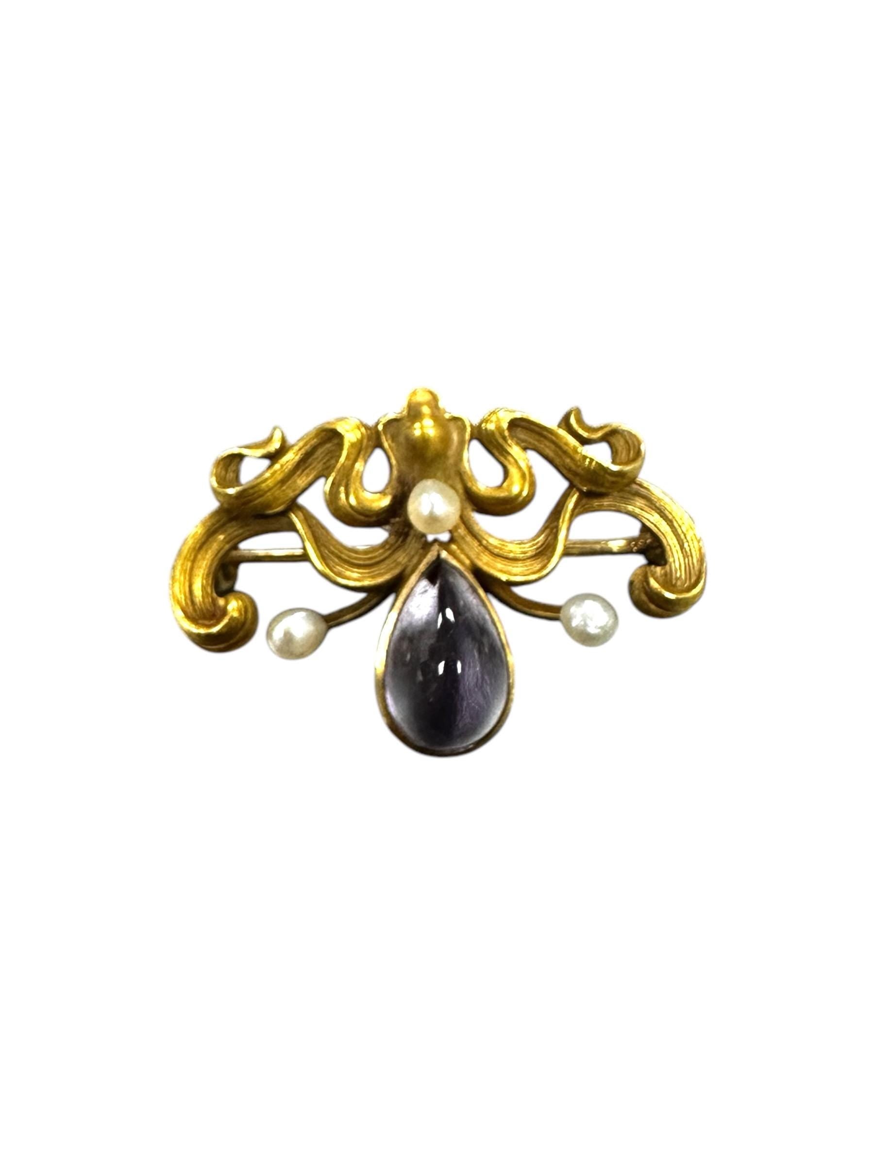 Art Nouveau Amethyst Pearl Brooch, 14K Yellow Gold Pin