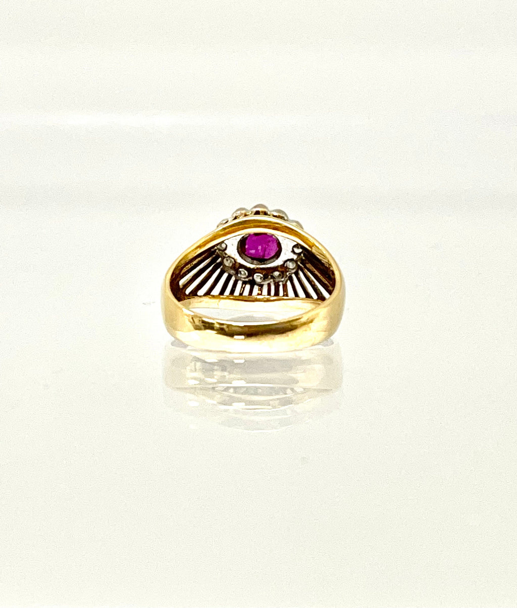Vintage 14K Yellow Gold Ruby and Diamond Ring, Elevated Ruby Setting