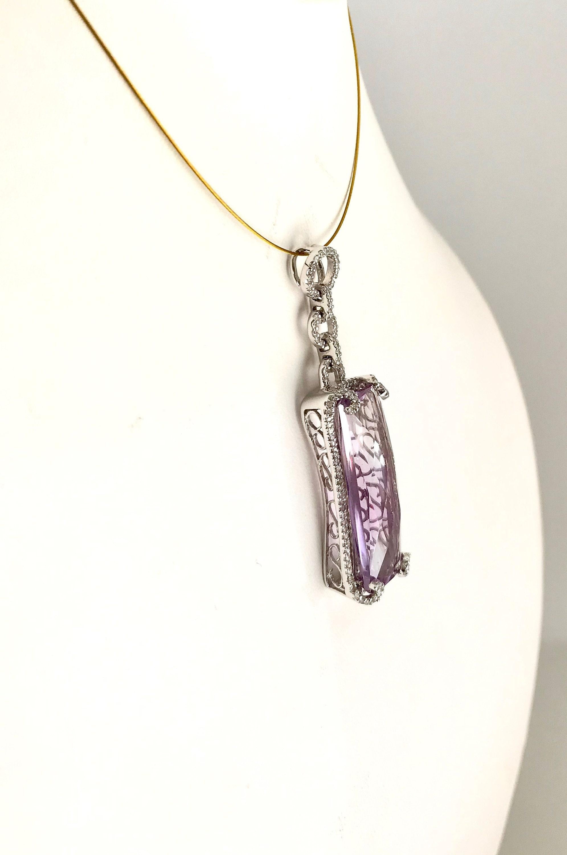 Elegant Vintage Amethyst & Diamond 14K Gold Pendant, February Birthstone Necklace, Fancy Cut Gemstone