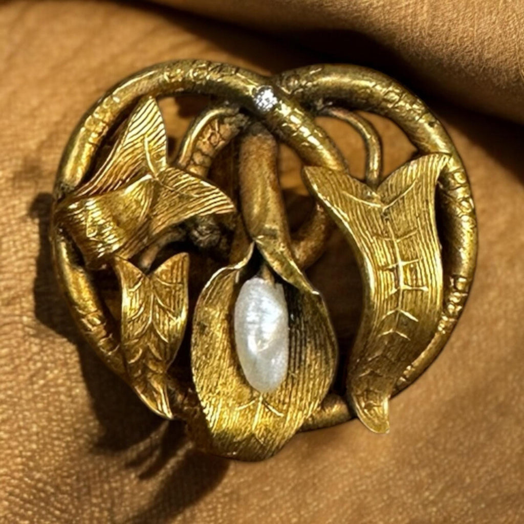 Vintage Art Nouveau Gold Filled Watch Pin with Freshwater Pearl & Rhinestone
