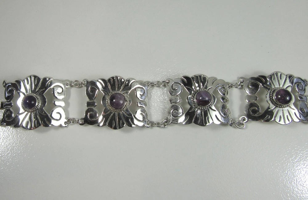 Vintage Mexican Silver Amethyst Link Bracelet: Geometric Scroll Design
