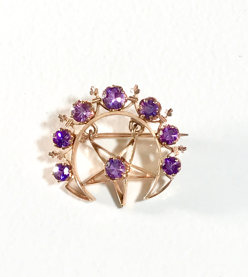 14K Yellow Gold Amethyst Moon and Star Brooch