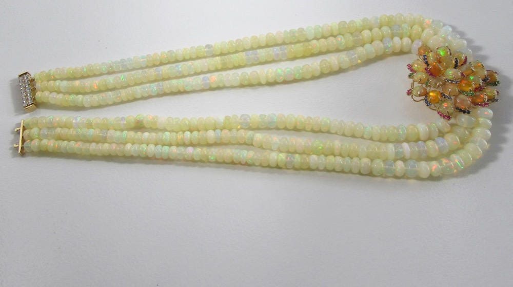 Triple Strand Opal Necklace: Sapphire, Ruby, Emerald & Diamond Clasp