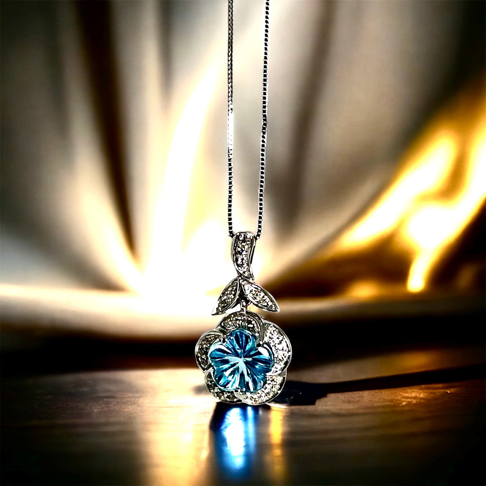 14K White Gold Flower-Cut Blue Topaz Diamond Necklace