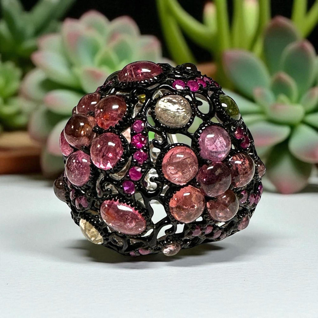 Oxidized Sterling Silver Dome Tourmaline and Ruby Ring, Cabochon Multi-Stone Design