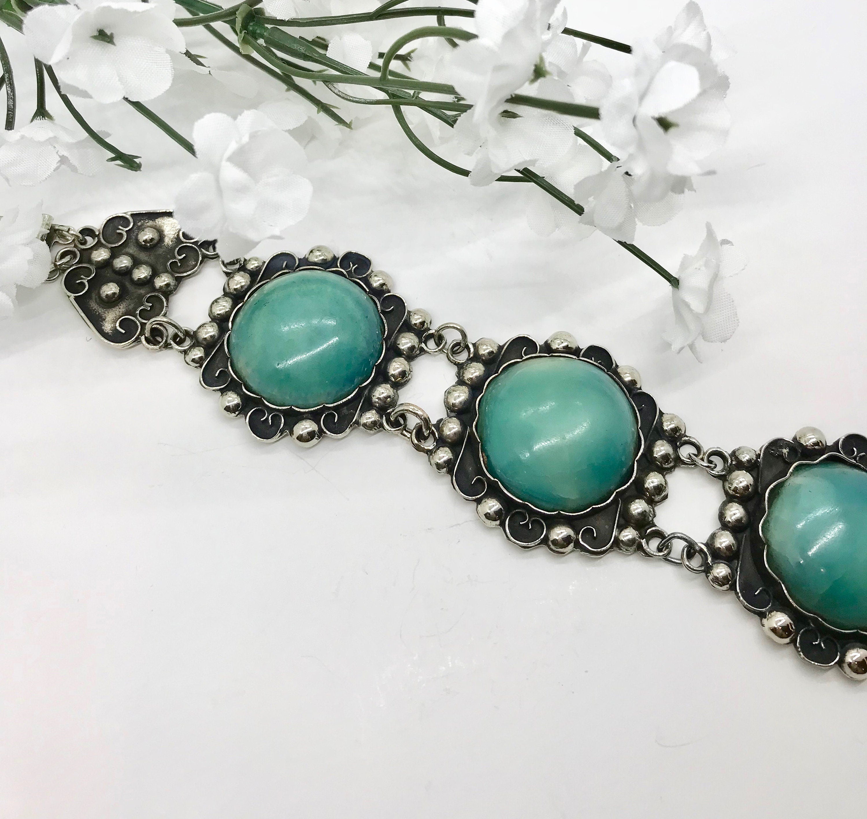 Vintage Mexican Sterling Silver Bracelet: Green Cabochon Glass, Wide Link