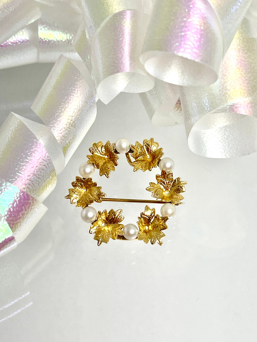 14k Gold Leaf Wreath Brooch: Vintage Cultured Pearl Pin/Pendant
