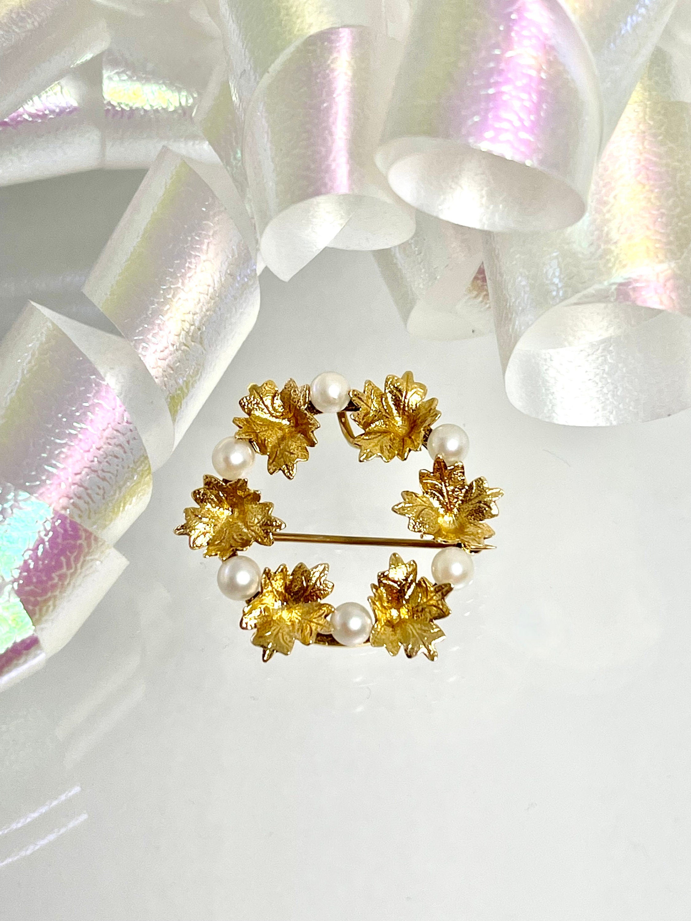 14k Gold Leaf Wreath Brooch: Vintage Cultured Pearl Pin/Pendant