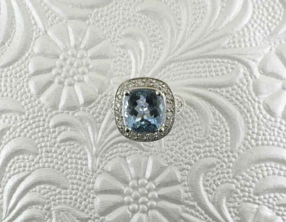 Vintage Aquamarine Diamond Halo Ring, 14k White Gold Cocktail Ring