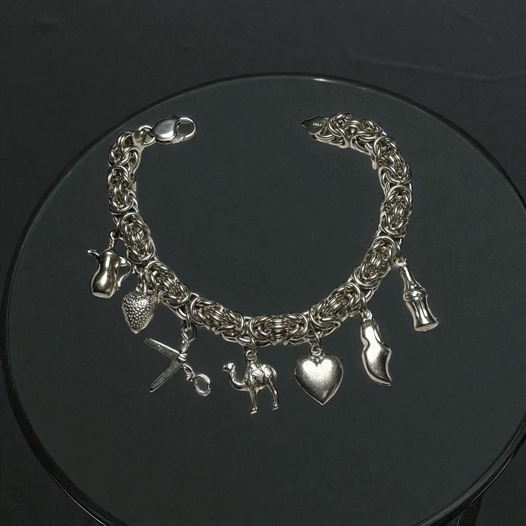 Vintage Sterling Silver Byzantine Bracelet with Charms: Soda, Shoe, Heart, Camel