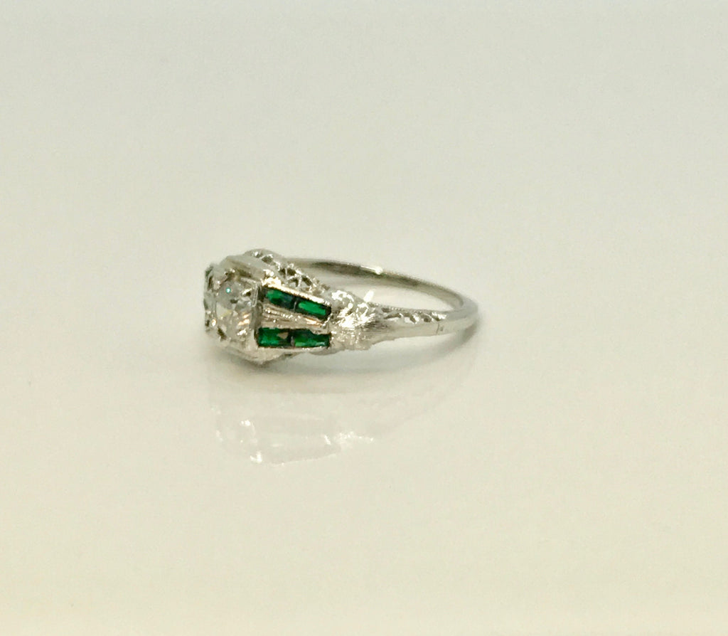 White Gold Diamond and Synthetic Emerald Filigree Engagement Ring