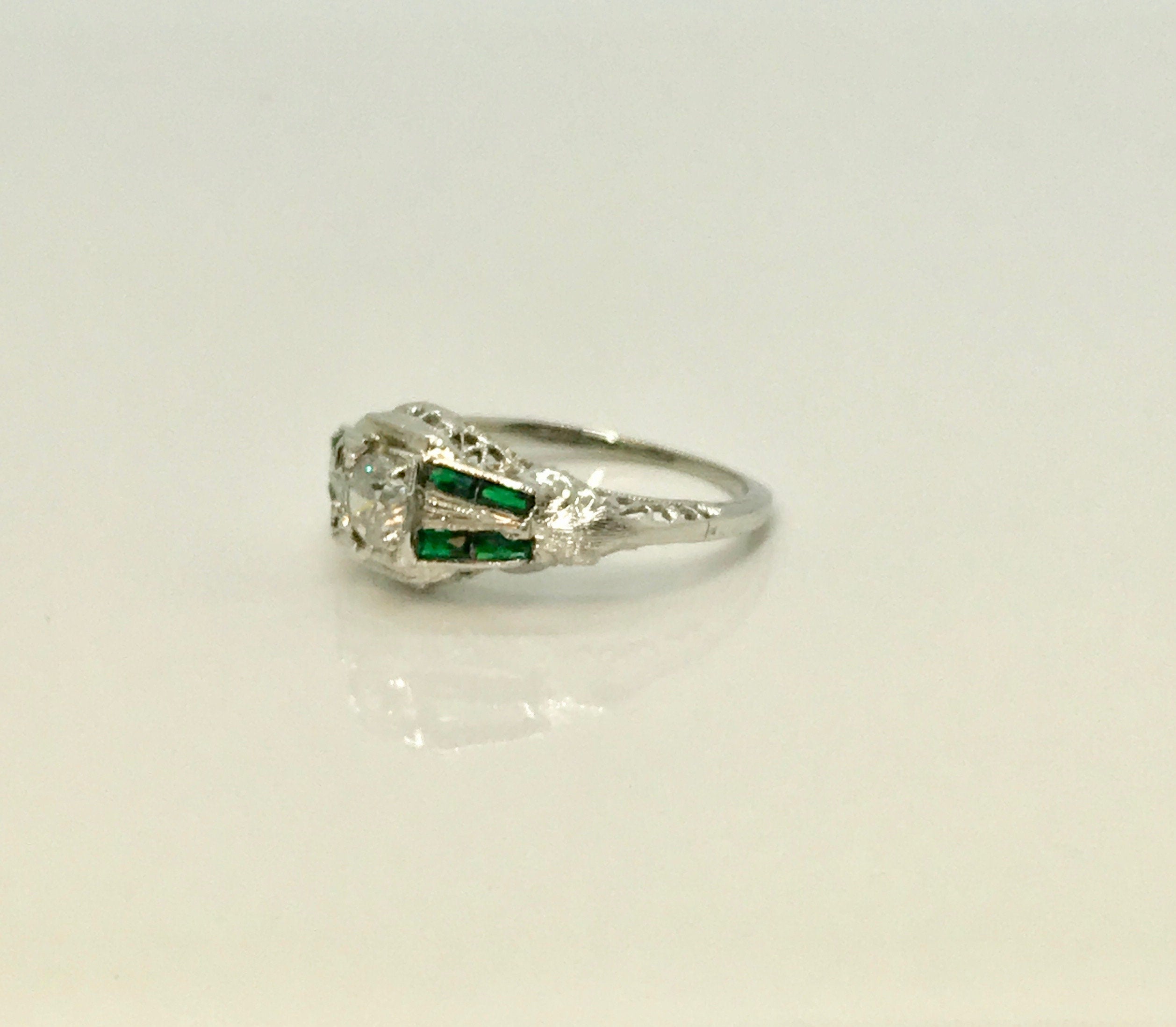 White Gold Diamond and Synthetic Emerald Filigree Engagement Ring