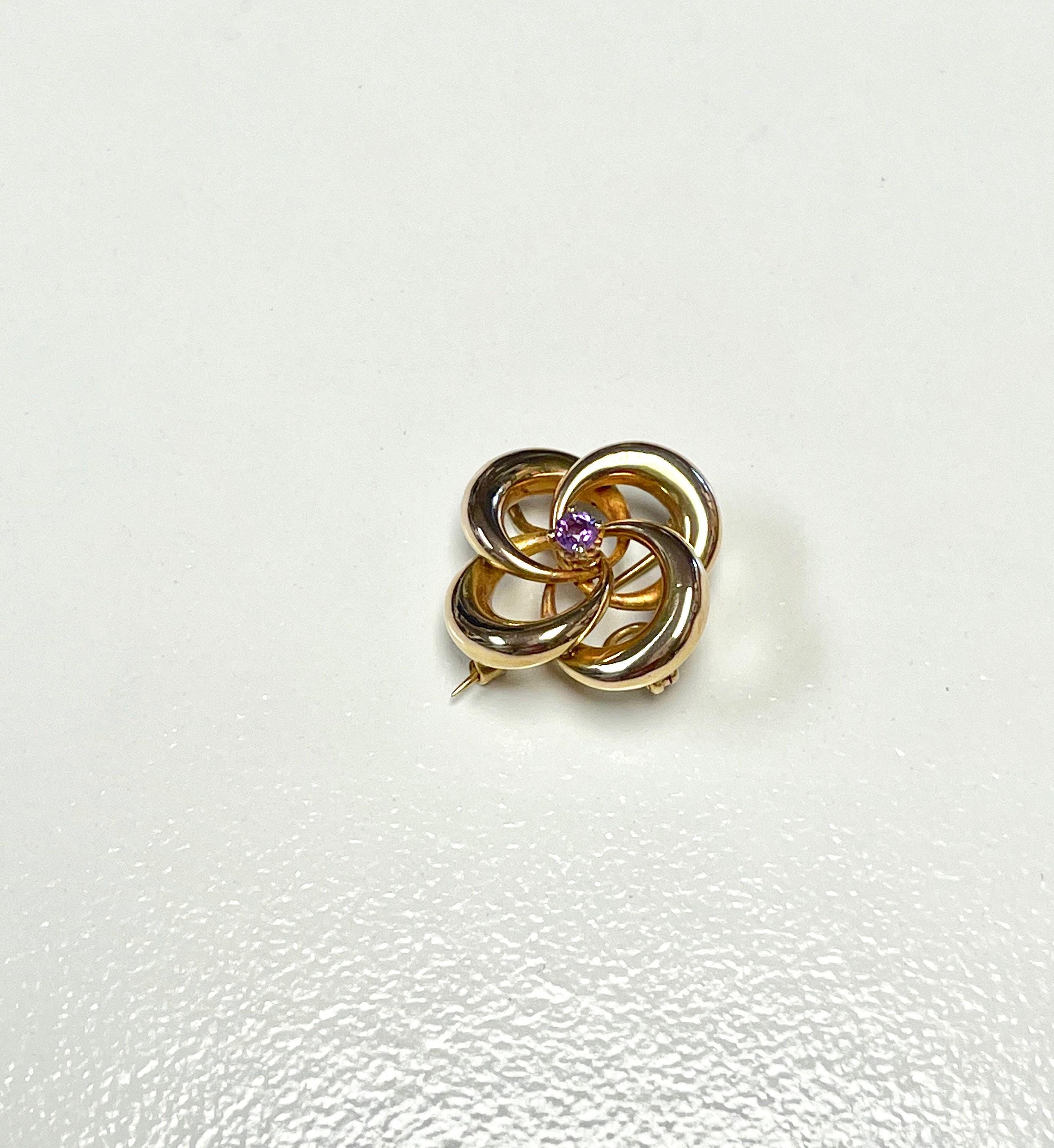 14k Yellow Gold Amethyst Knot Brooch Pendant Watch Pin