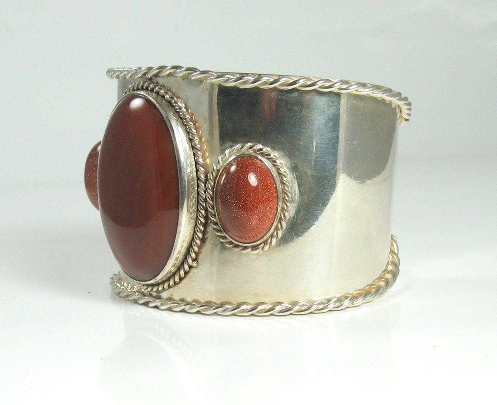 Sterling Silver Sardonyx & Gold Stone Cuff Bracelet - Statement Jewelry