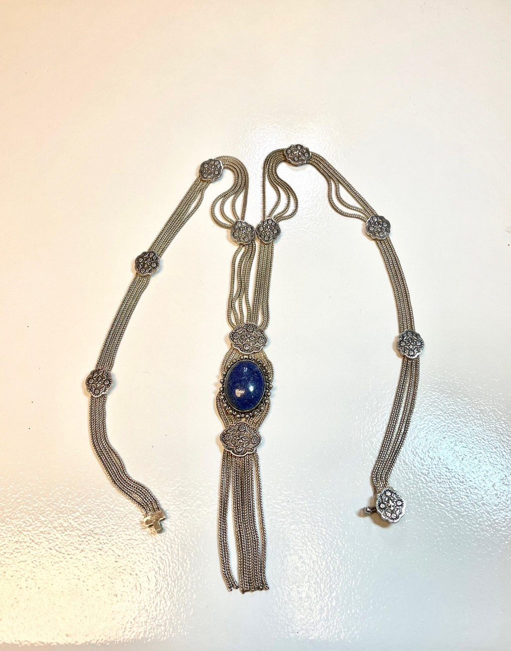 Vintage Sterling Silver Lapis Lazuli Tassel Necklace