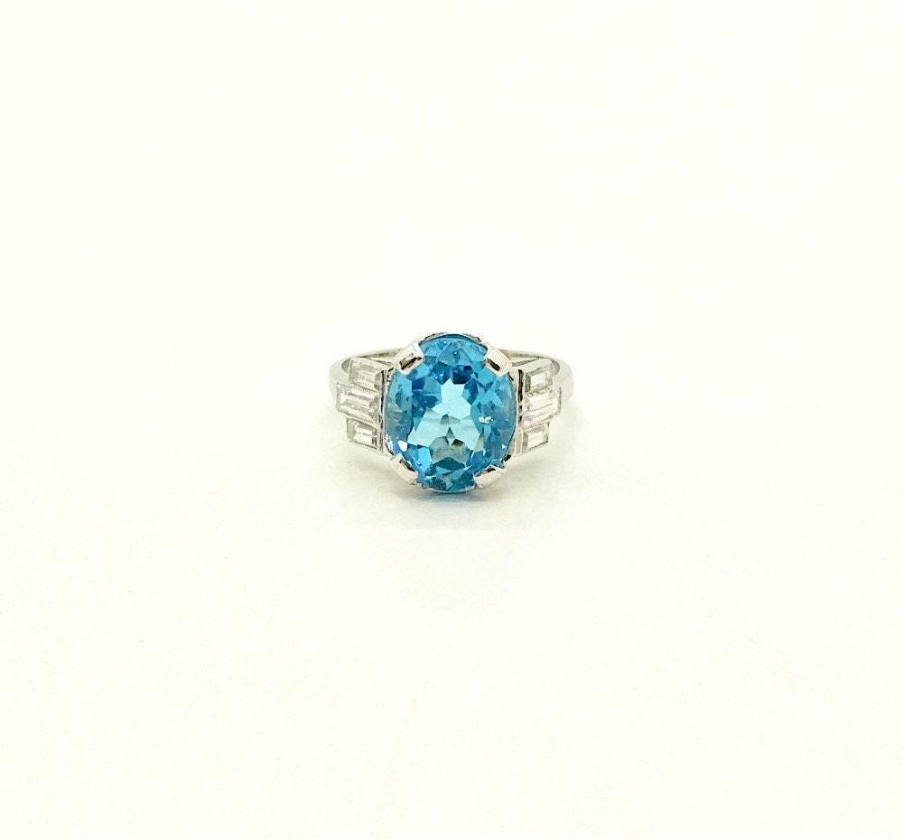 Vintage 10k White Gold Blue Topaz Ring with CZ Accents