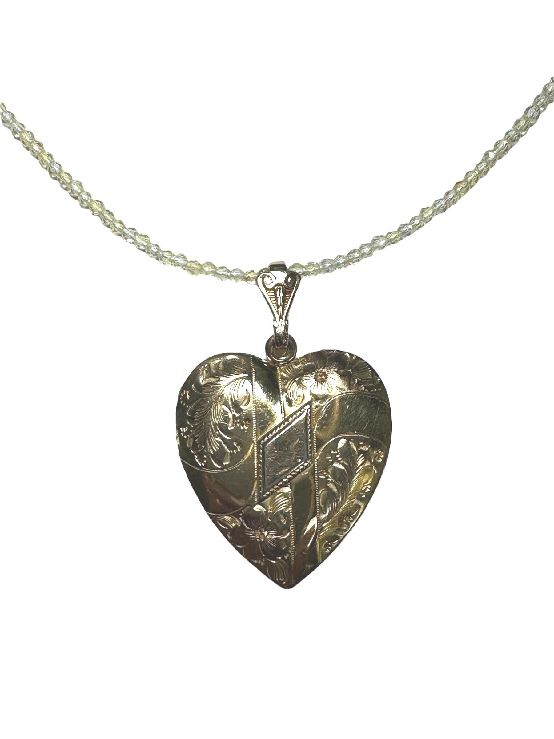 Vintage Gold-Filled Engraved Heart Locket Necklace Suspended by Quartz Crystal
