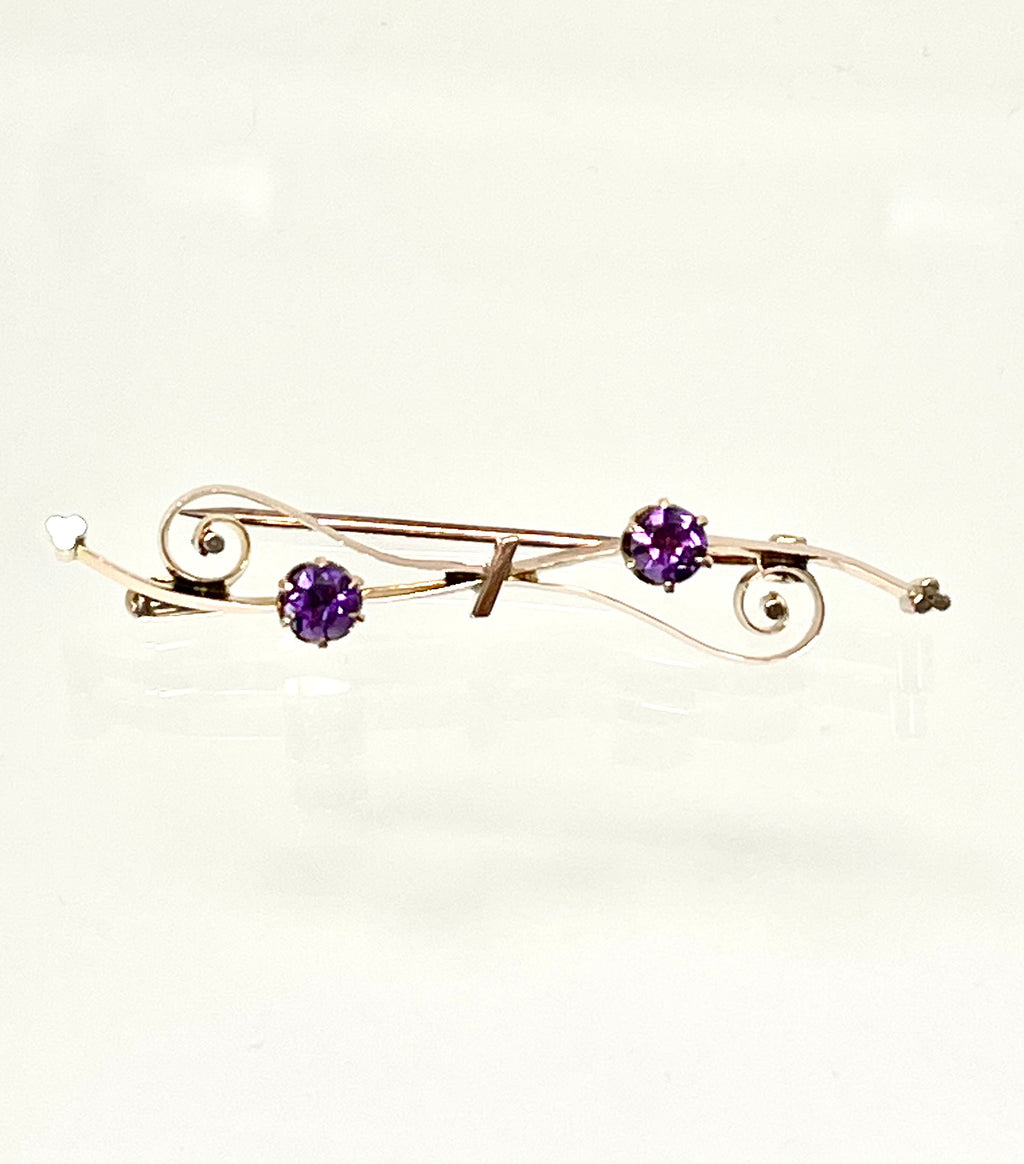 Antique 10k Gold Amethyst Bar Pin: Scrollwork Brooch