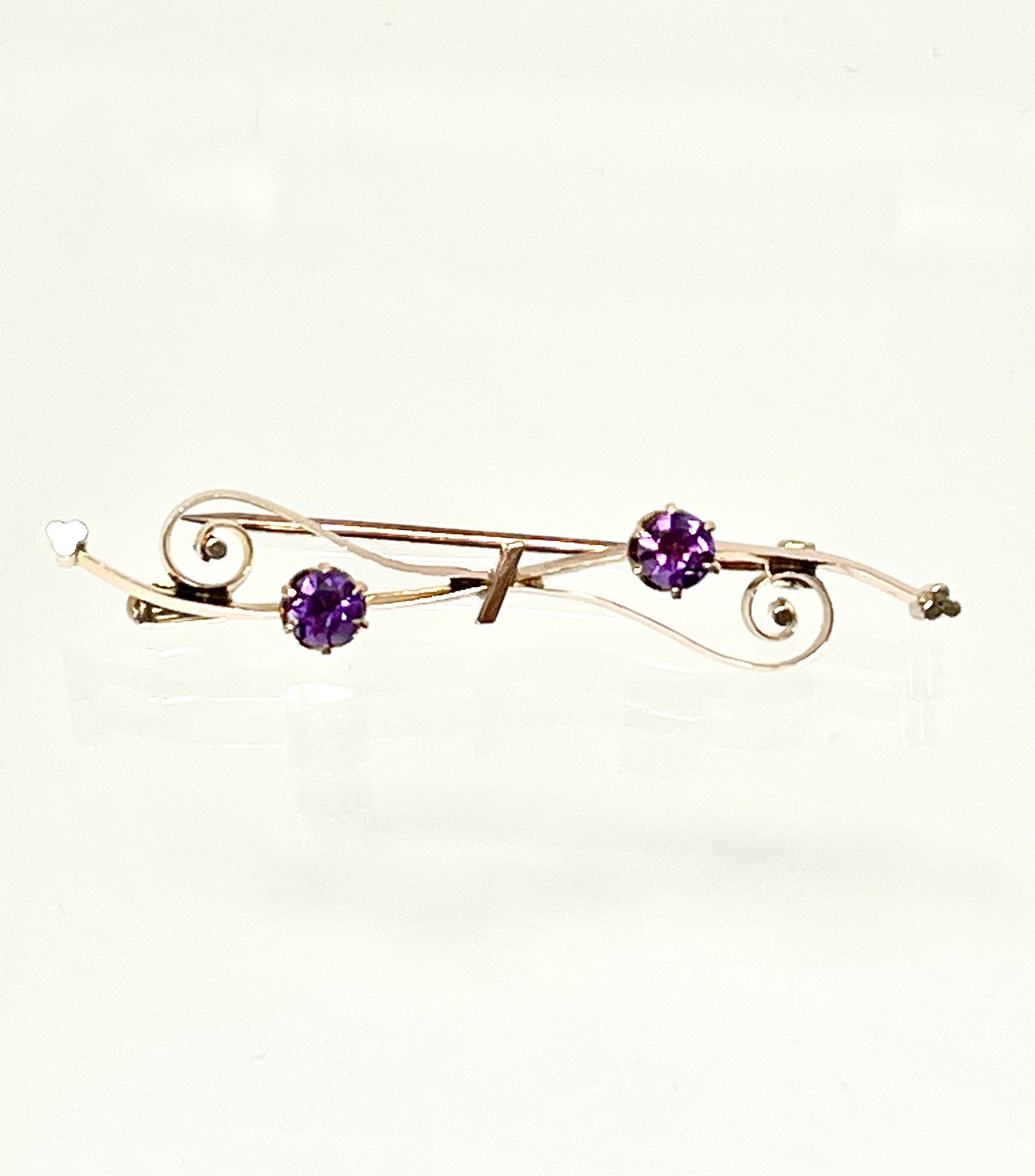 Antique 10k Gold Amethyst Bar Pin: Scrollwork Brooch