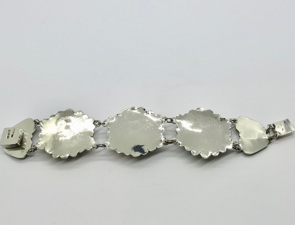 Vintage Mexican Sterling Silver Bracelet: Green Cabochon Glass, Wide Link