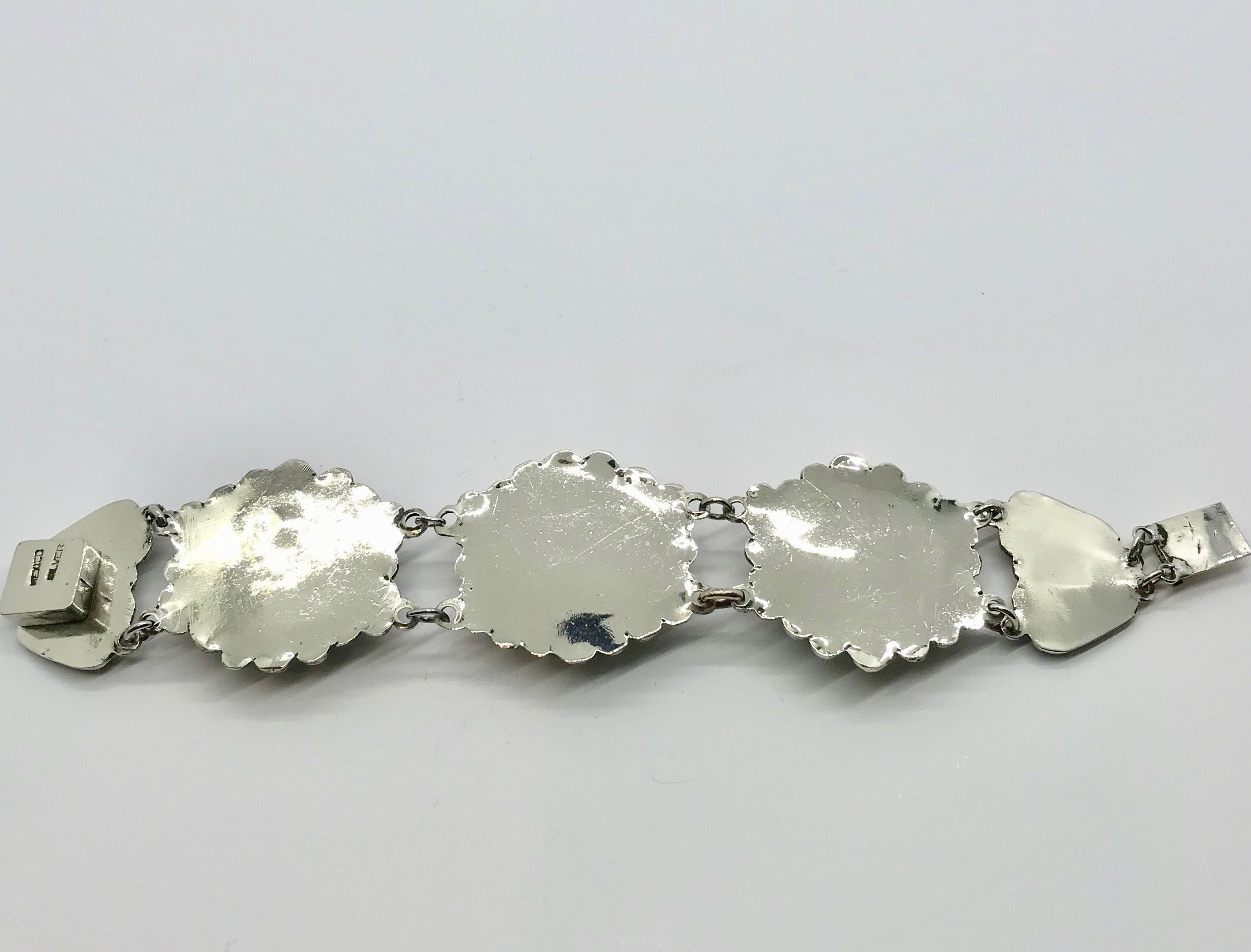 Vintage Mexican Sterling Silver Bracelet: Green Cabochon Glass, Wide Link